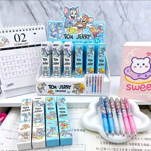 Tom & Jerry gel pen set display with boxed pens and pens on tray