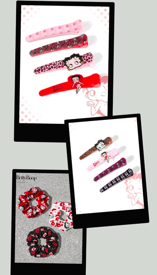 Retro hair accessories set with patterned scrunchies and character hair clips
