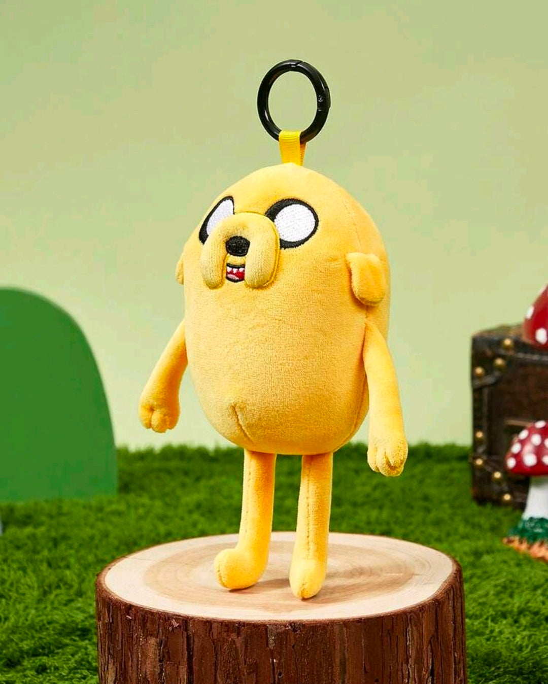 Yellow Jake the Dog plush bag charm keychain, small front smile with black keyring loop.