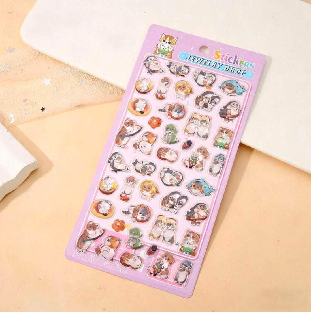 Cat jewelry drop puffy sticker sheet, purple pack with domed cat charms and heart stickers