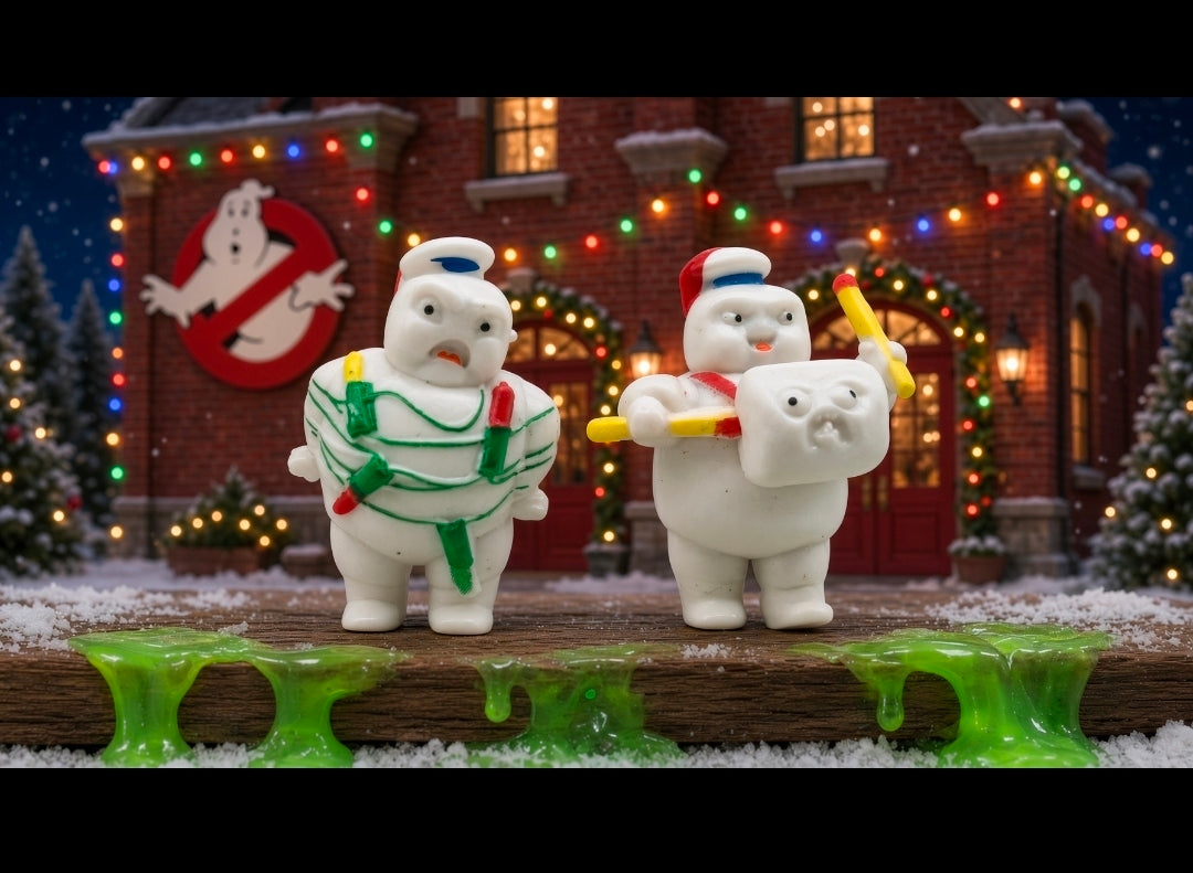 Set of white Mini-Puft ghost figures on a log with green glowing matchstick lights