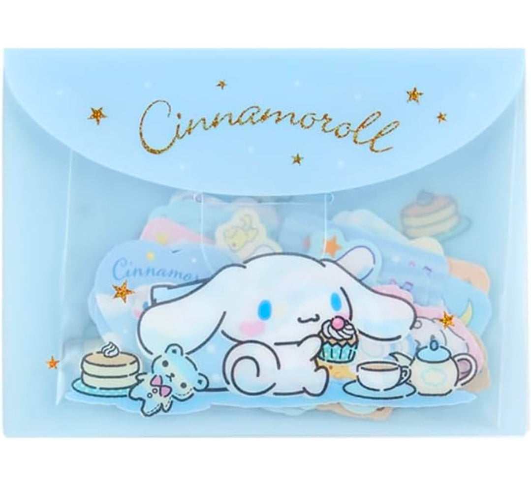 Cinnamoroll die-cut flake stickers with sleeping puppy illustration and gold text