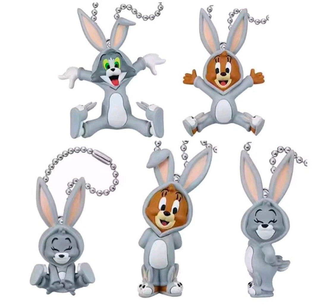 Bunny keychain figure set on white, multiple poses with pearl bead necklaces