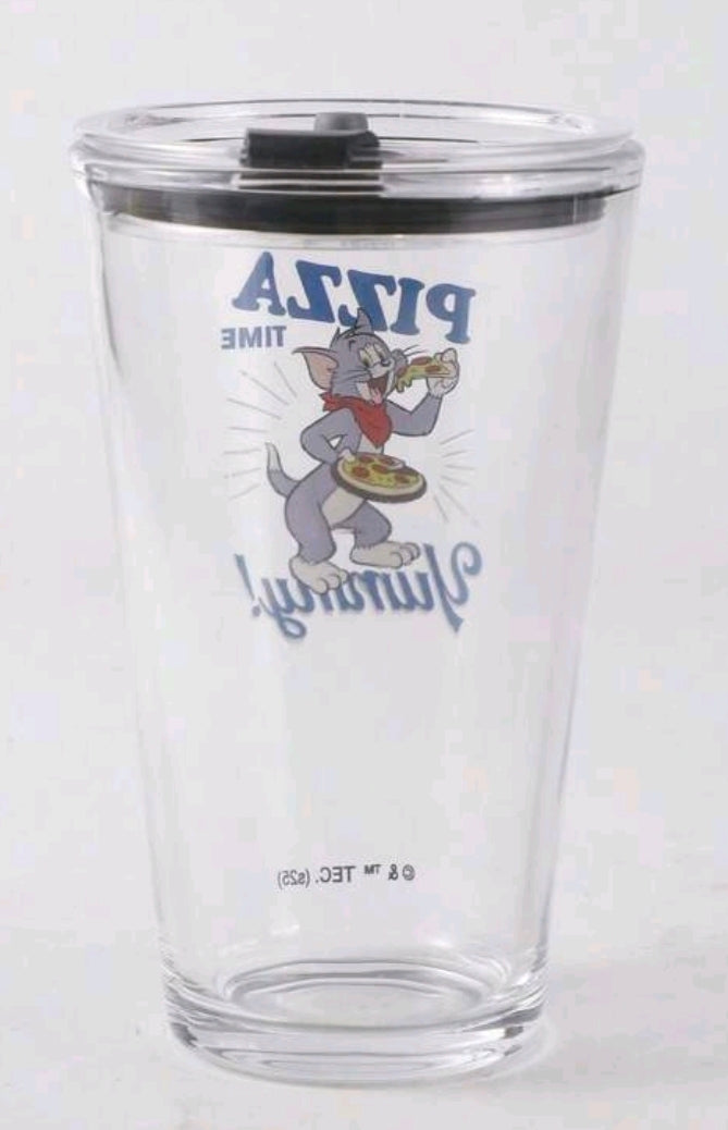Clear glass tumbler with black lid; “Pizza Time” graphic on front