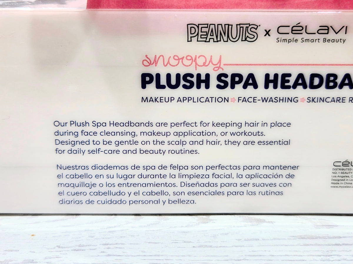 Plush spa headband packaging back panel with care and use instructions
