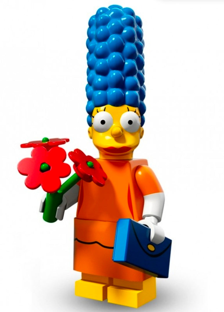 Marge mini brick figure in Sunday best holding red flowers, blue hair and orange dress