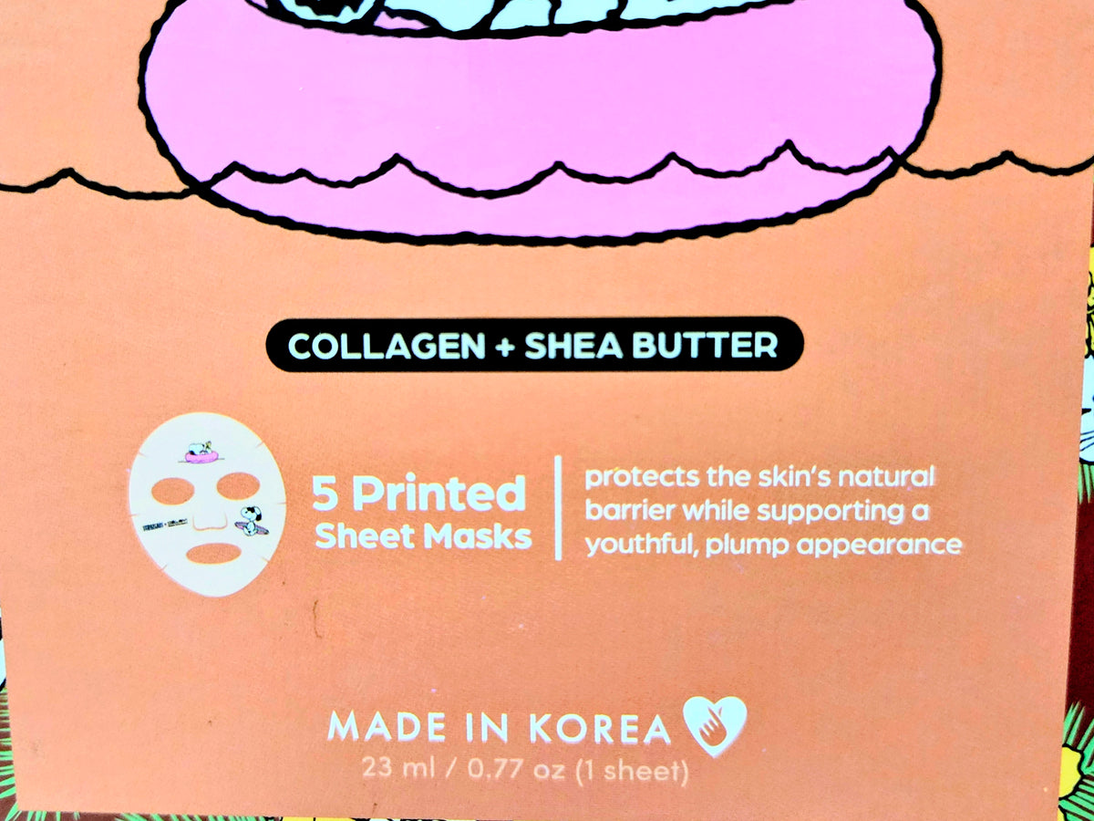 Collagen and shea butter printed sheet masks, box text close-up
