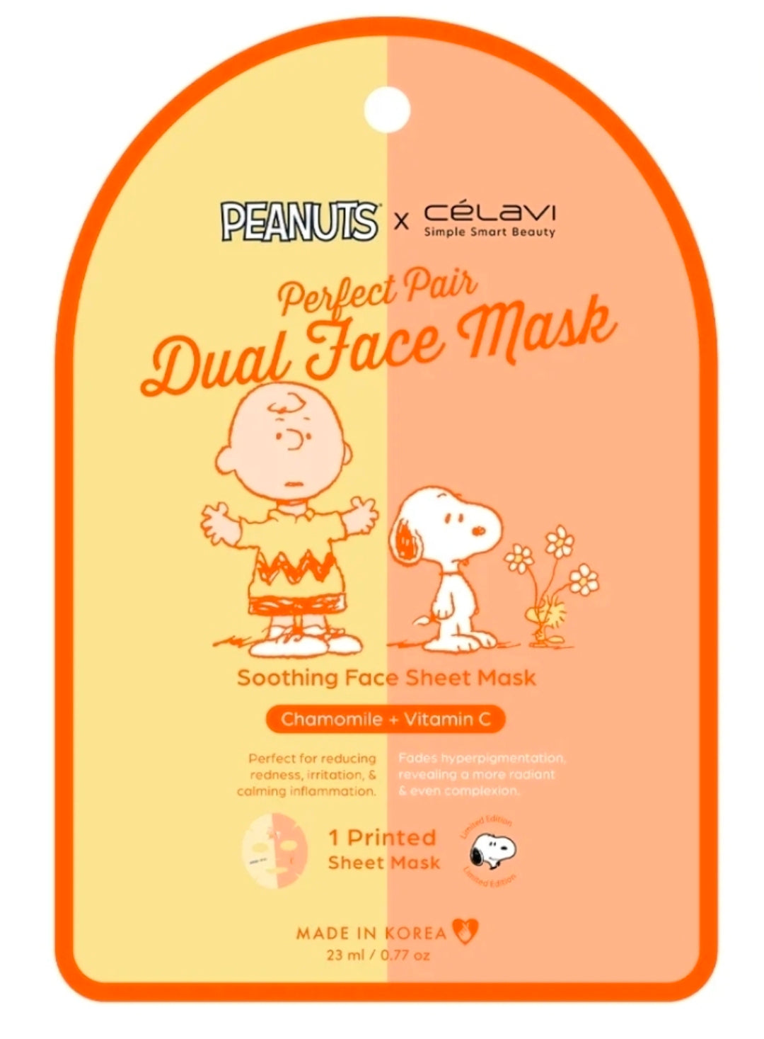 Dual face mask package card with orange and yellow halves and Snoopy and Charlie Brown art