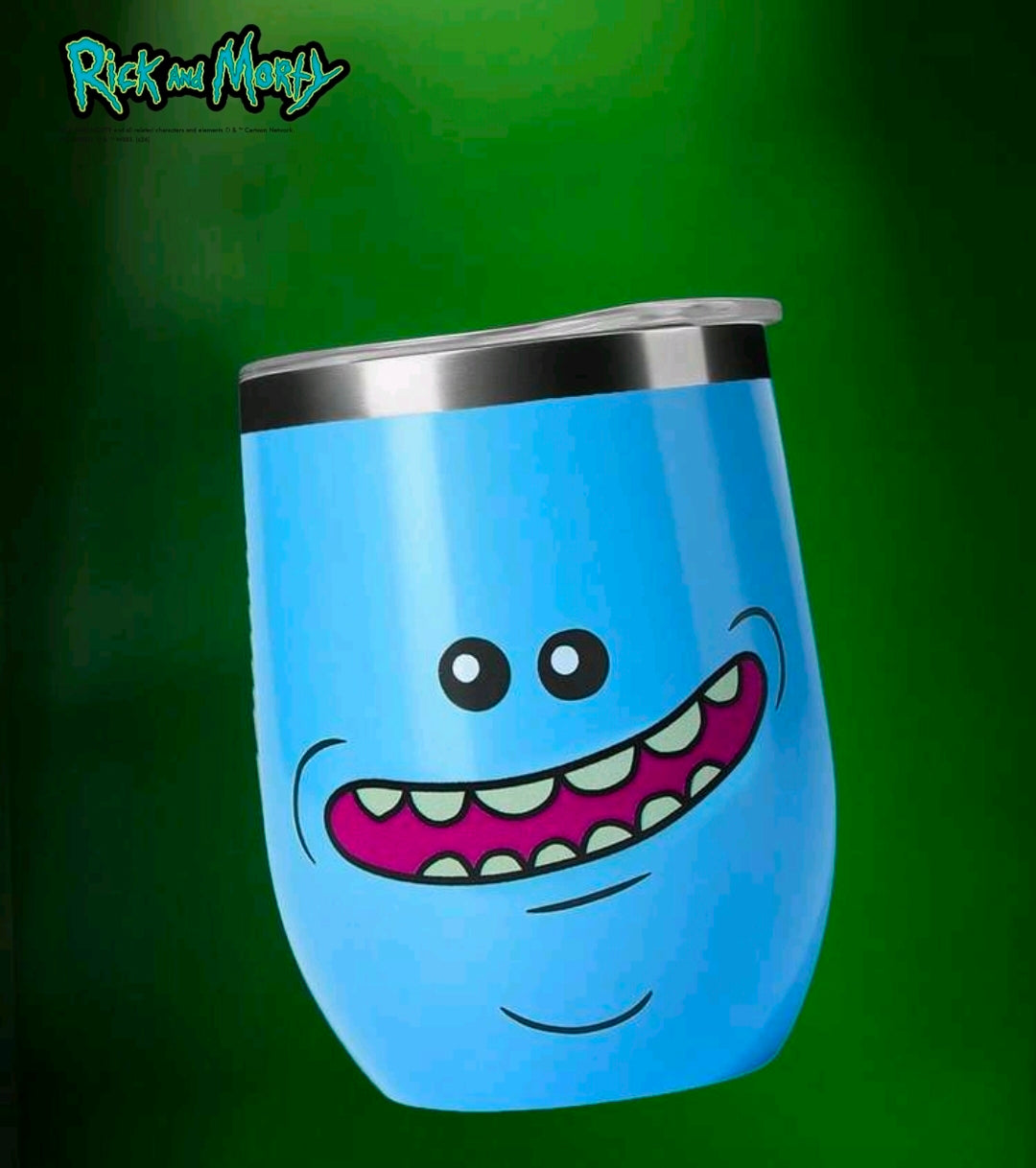 Blue insulated tumbler with cartoon face graphic and stainless lid edge