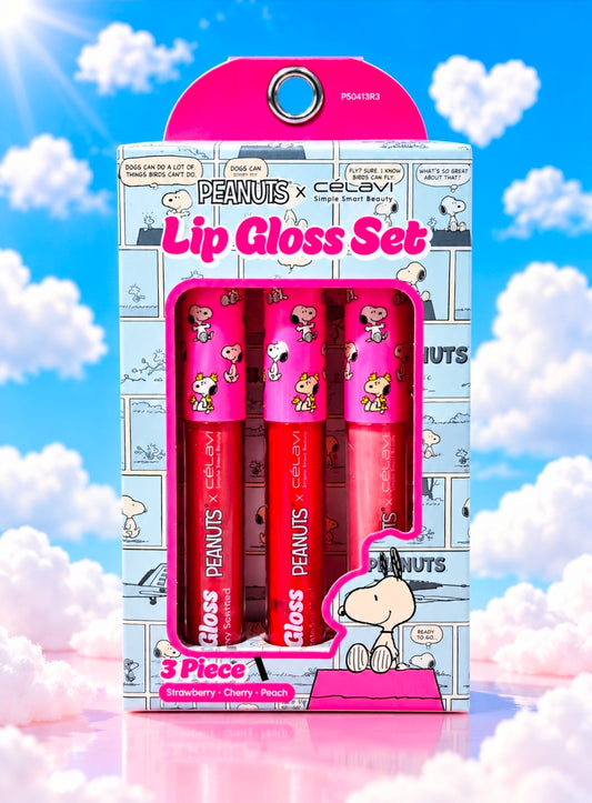 Sealed 3-piece Peanuts x Celavi lip gloss set box with three tubes inside