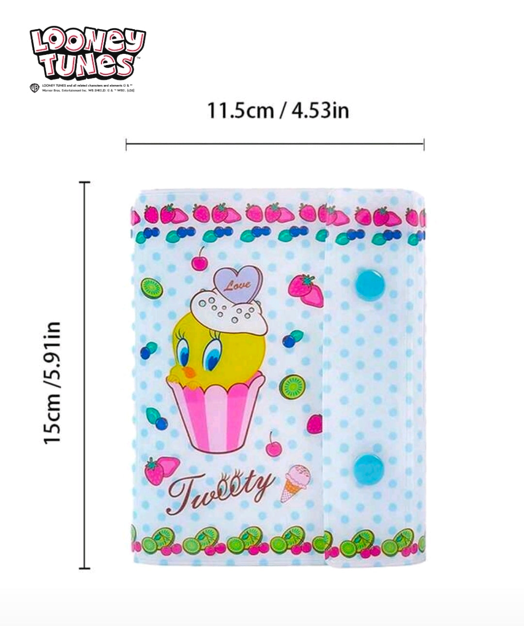 A7 6-ring planner sticker album with snap closures, 11.5 x 15 cm blue dotted Tweety cover
