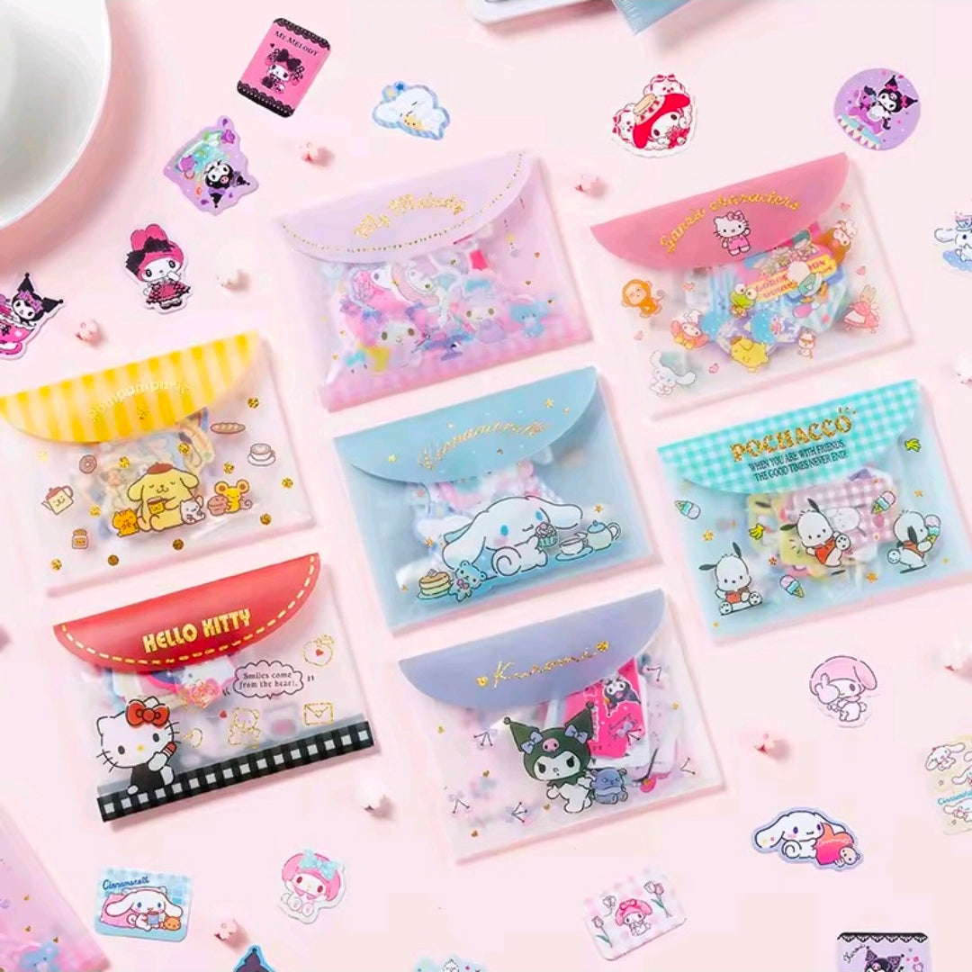 Pastel Sanrio die-cut sticker set with multiple character designs in sealed pouches