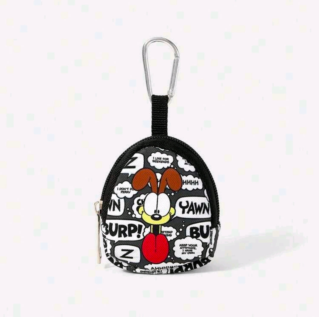 Round black pouch with metal carabiner and cartoon face, white comic lettering