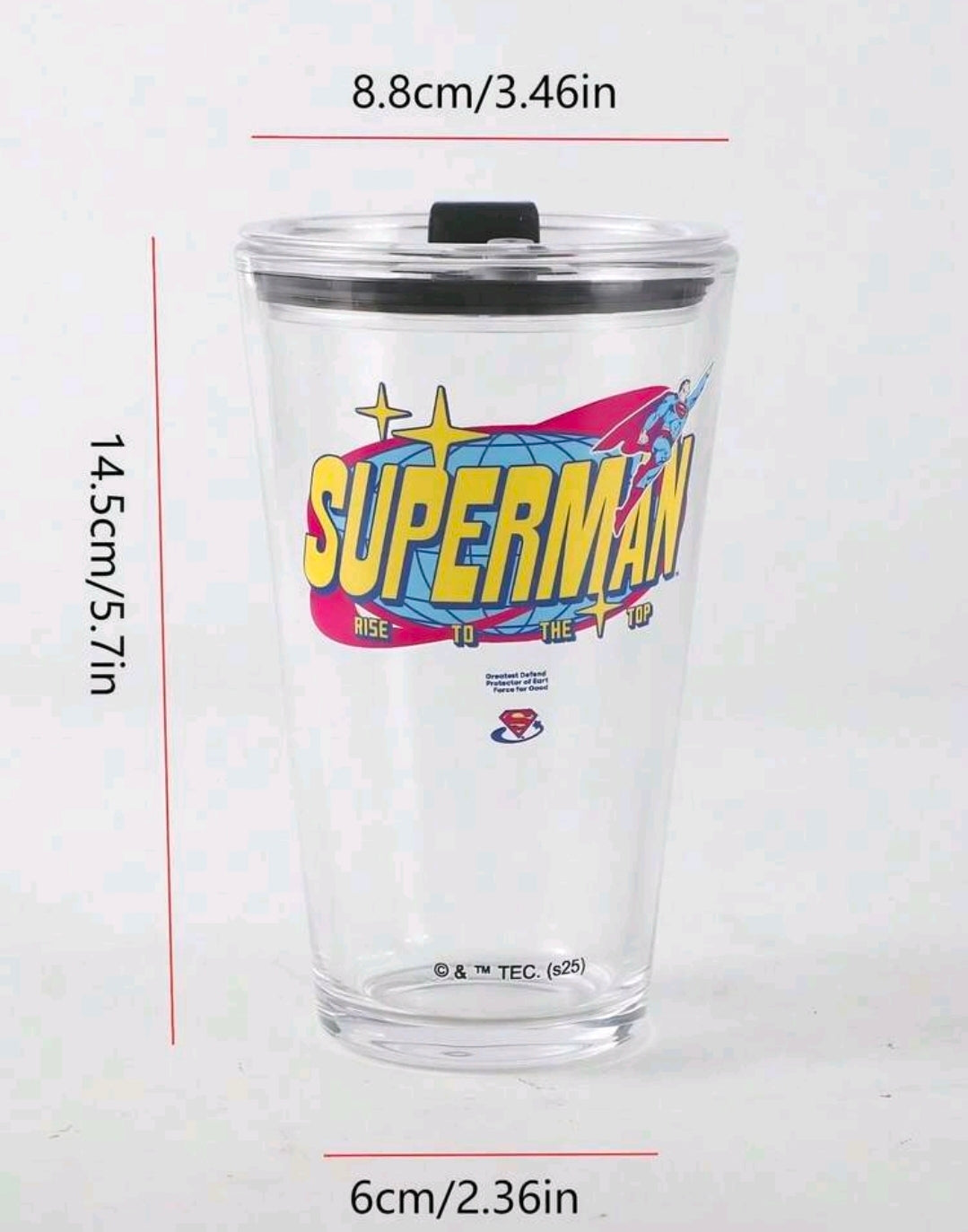 Clear Superman glass tumbler with black lid, front graphic