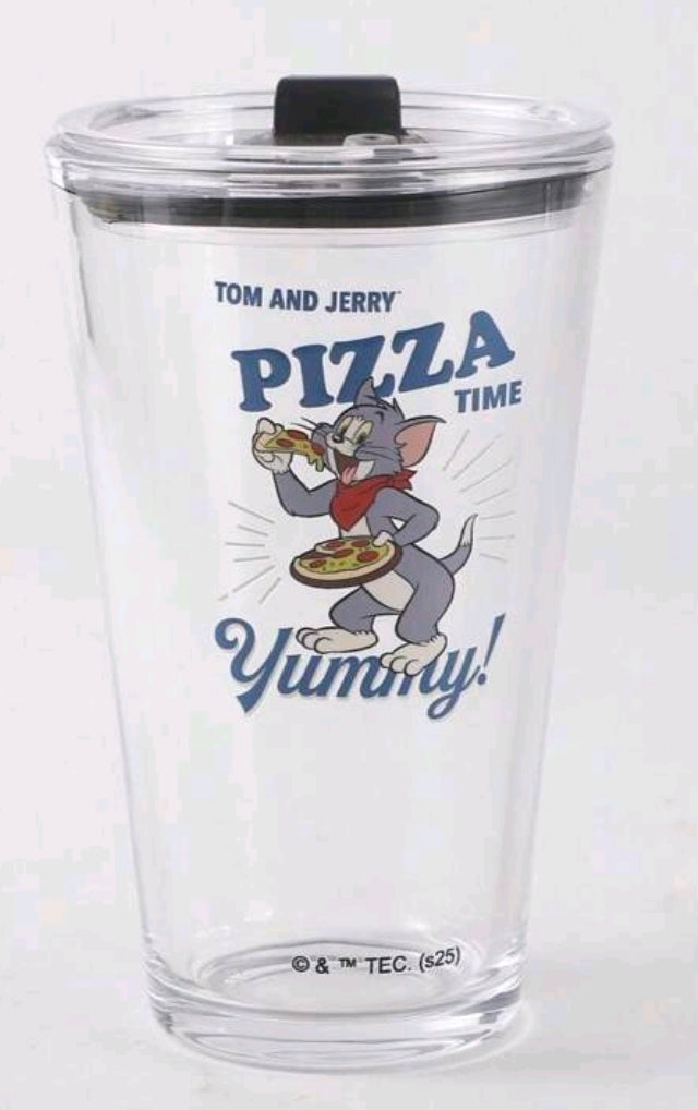 Clear glass tumbler with black lid; Pizza Time “Yummy!” graphic on front