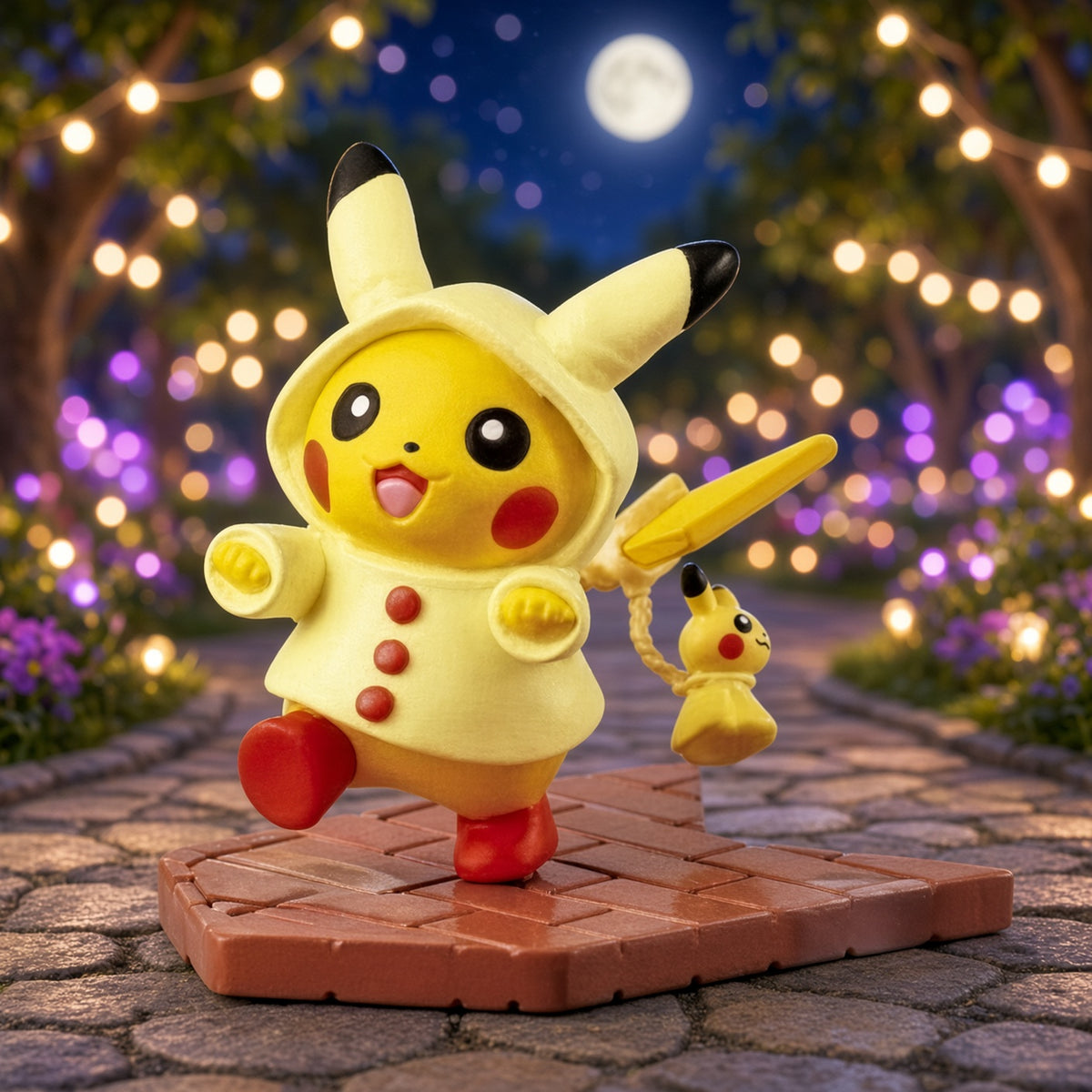 Pikachu mini figure with small accessory Pikachu, standing on orange-brown brick base
