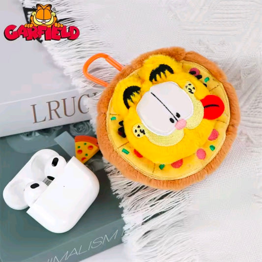 Garfield pizza plush coin pouch keychain with orange handle and cartoon face front