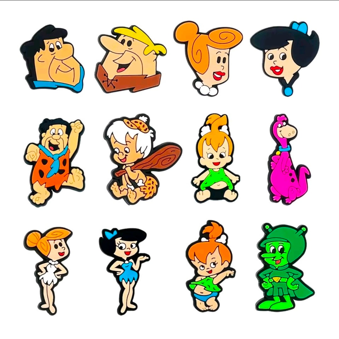 Multi-character cartoon shoe and bag charm set displayed in a grid