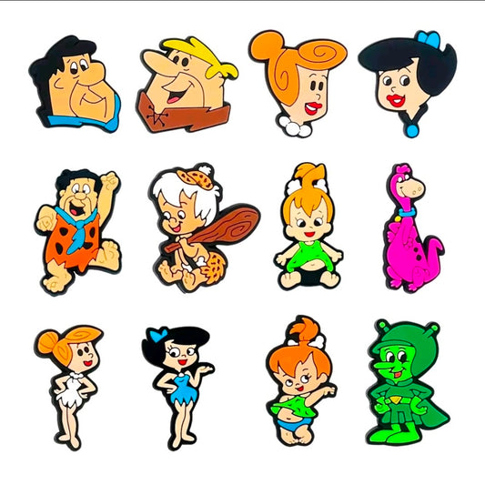 Multi-character cartoon shoe and bag charm set displayed in a grid