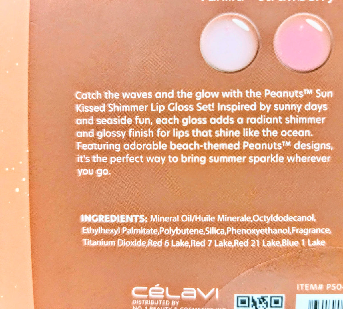 Sun Kissed shimmer lip gloss set box with product description and ingredients text