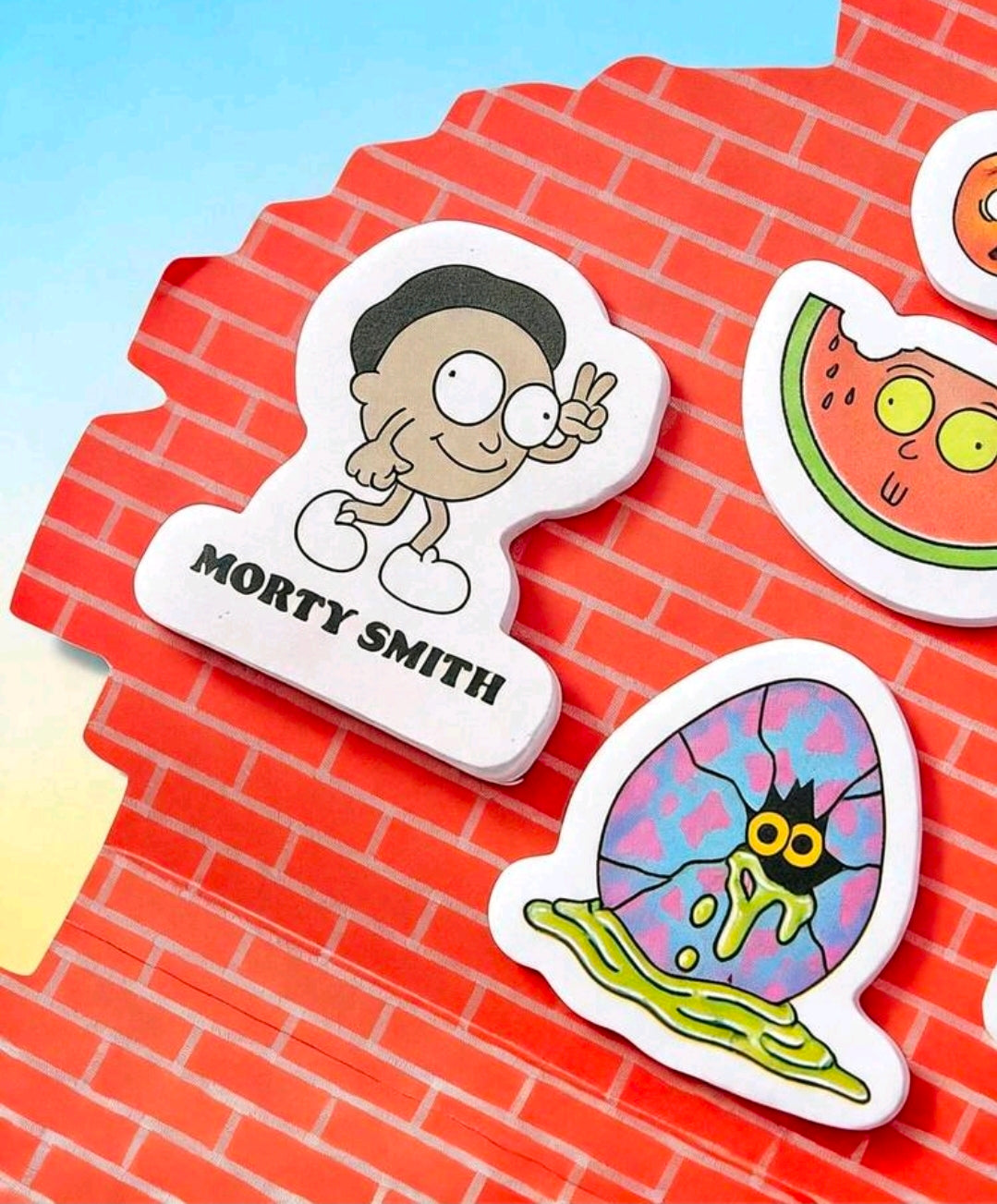 Die-cut sticky tabs with character faces and watermelon note design