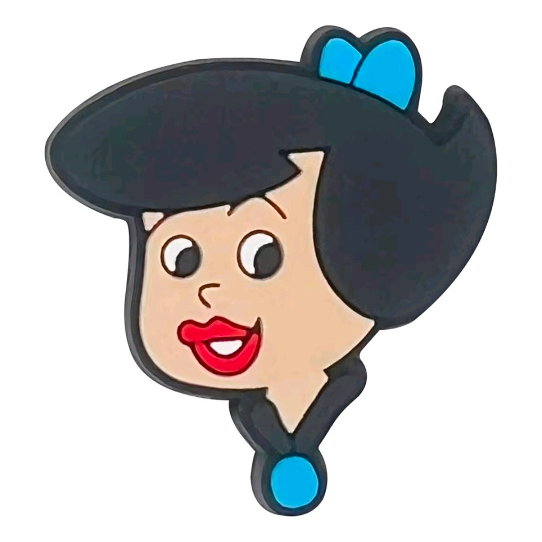 Cartoon character face shoe and bag charm with black hair and blue bow