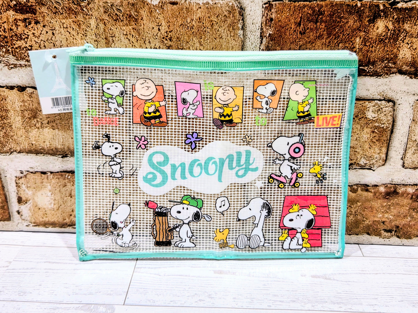 Snoopy Peanuts A5 Mesh Zip Pouch Bag Clear Kawaii Stationery Cosmetic Charlie Brown Woodstock