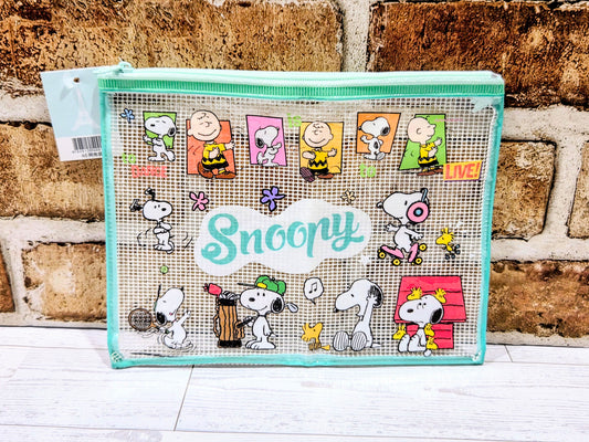 Snoopy Peanuts A5 Mesh Zip Pouch Bag Clear Kawaii Stationery Cosmetic Charlie Brown Woodstock