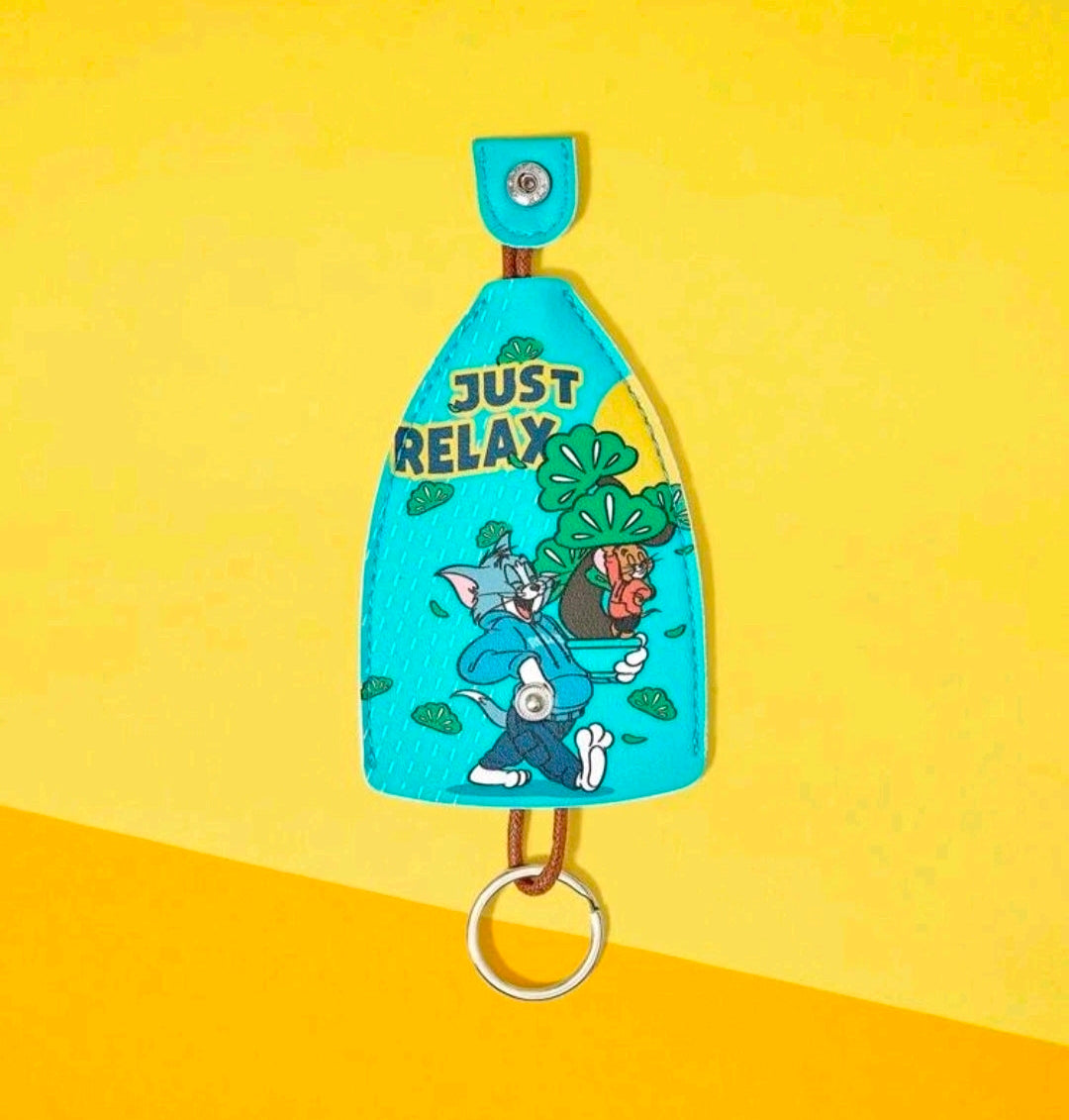 Turquoise Tom & Jerry key fob holder with keyring and “Just Relax” graphic