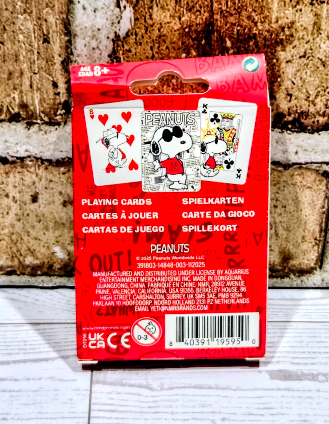 Peanuts Joe Cool Snoopy playing cards box back with card details and icons