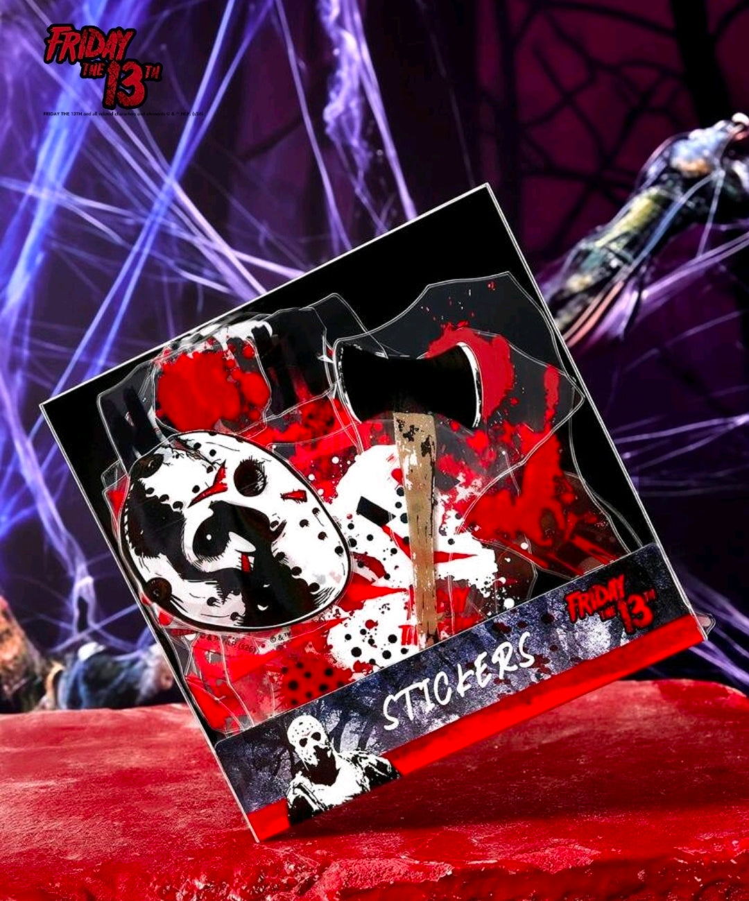 Sticker pack featuring hockey mask and red splatter graphics on clear cover