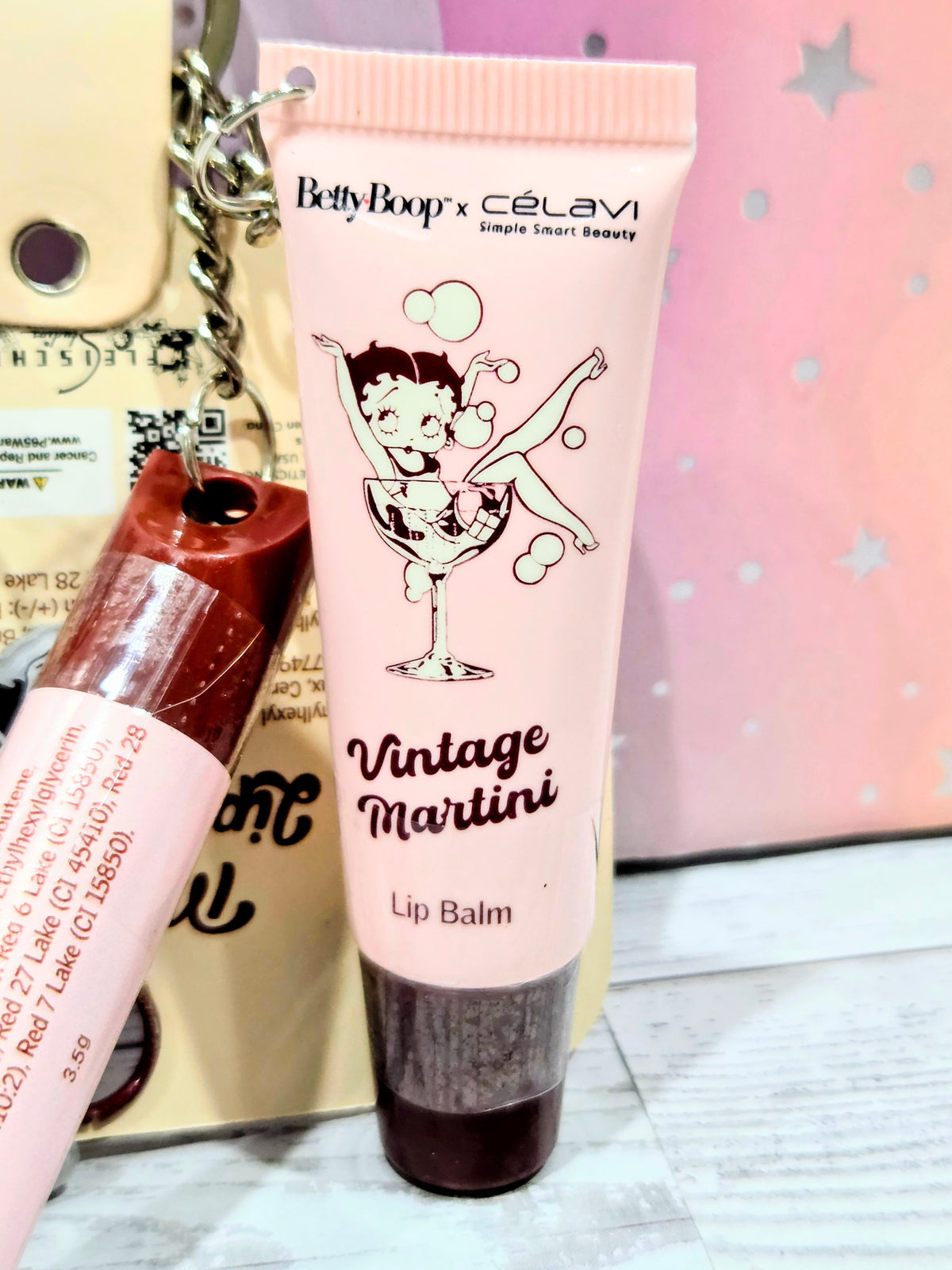 Vintage Martini lip balm tube with Betty Boop graphic and bonus keychain card