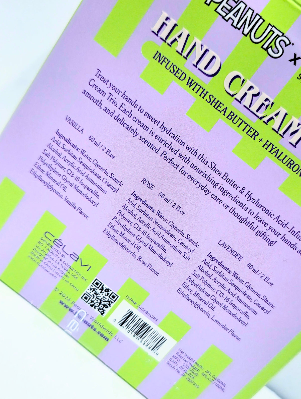 Hand cream trio back label close-up with three scent names and barcode area