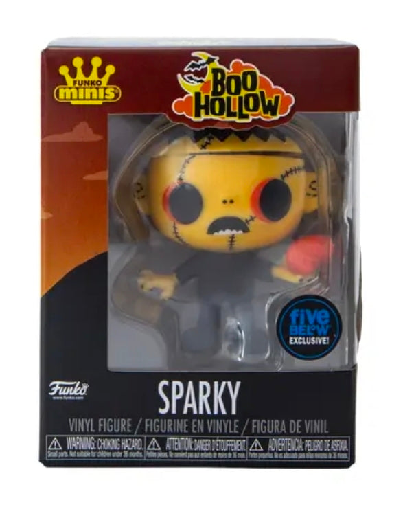 Boxed vinyl figure Sparky in clear window, Five Below exclusive badge on Boo Hollow box