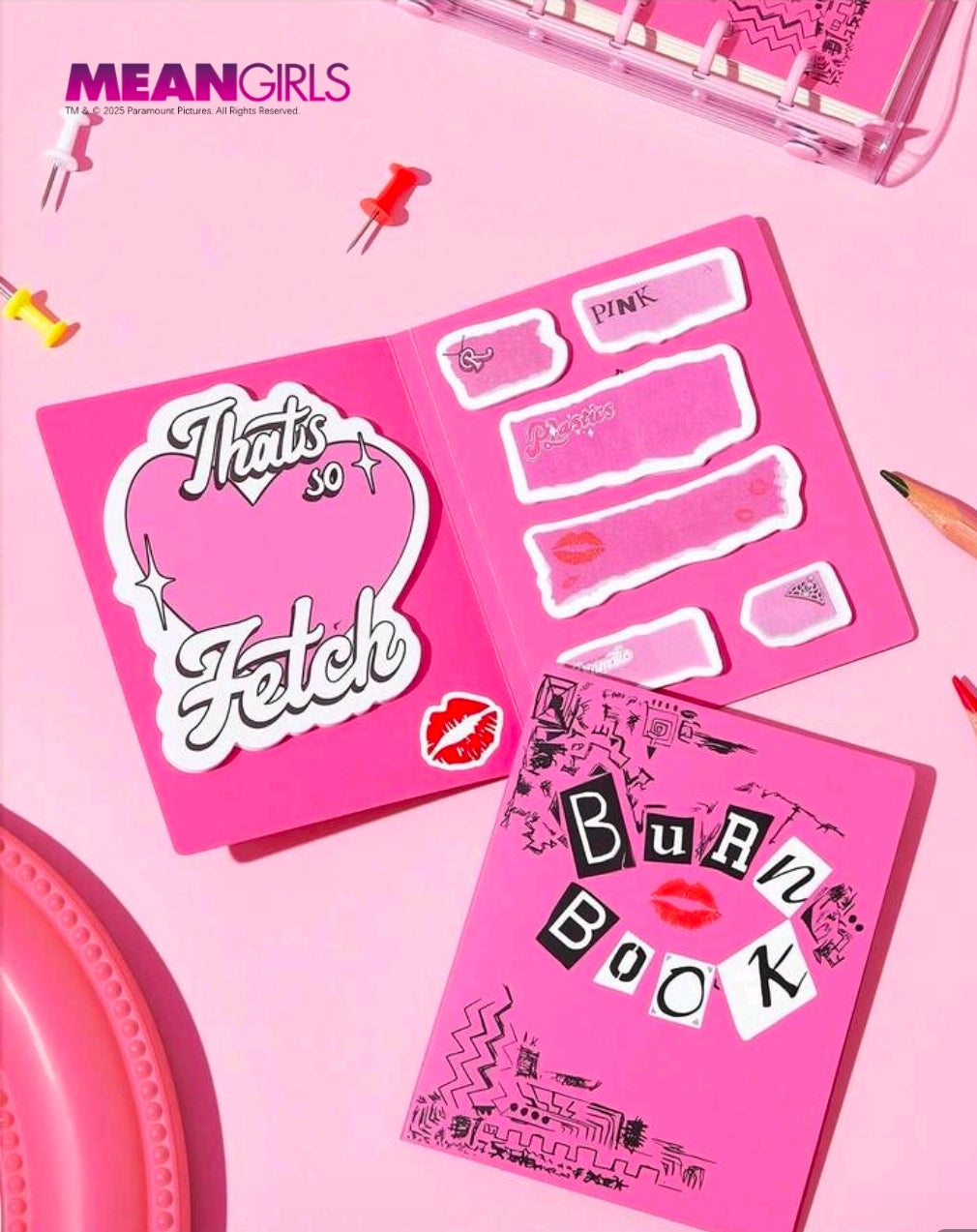 Pink sticky note and tab pad set with That's so Fetch notes and Burn Book cover
