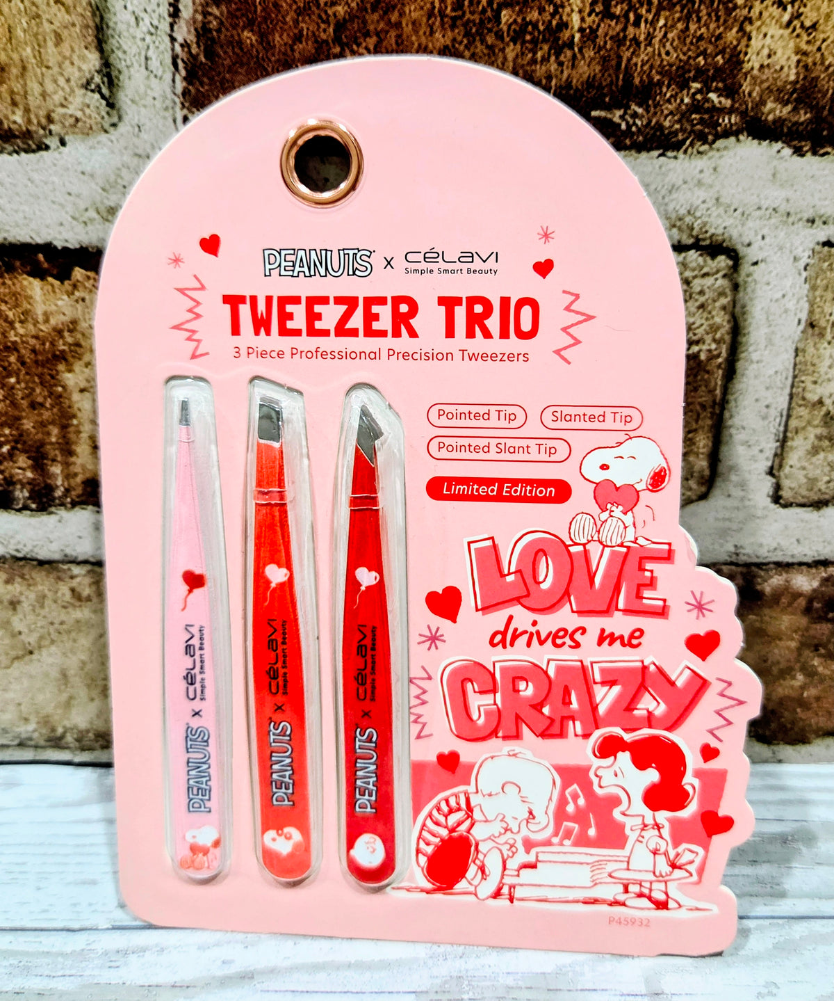 Tweezer trio blister pack with three tools and red LOVE heart decals