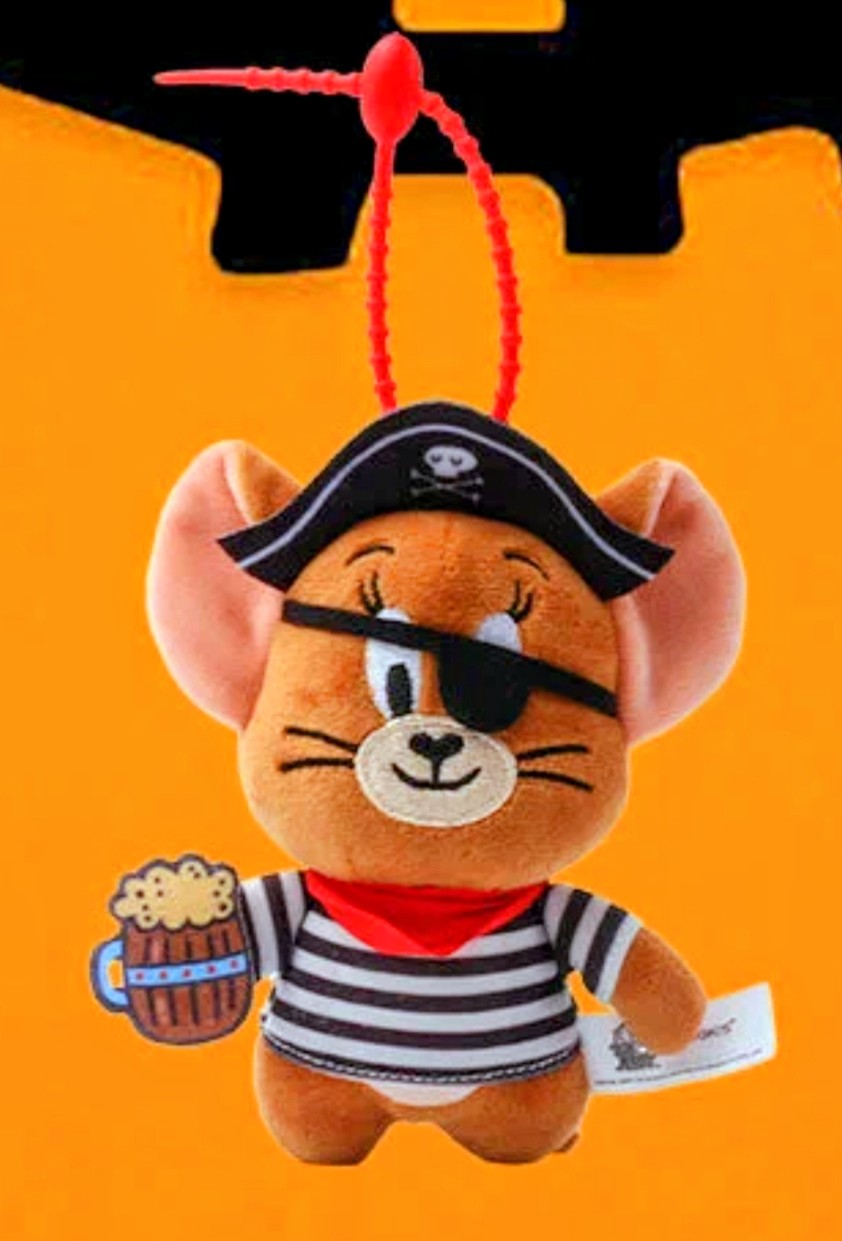 Pirate plush keychain, orange cat close-up with black hat and striped sailor shirt