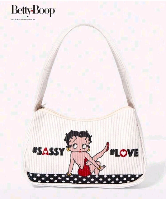 White corduroy zip shoulder bag with #SASSY and LOVE Betty Boop style design