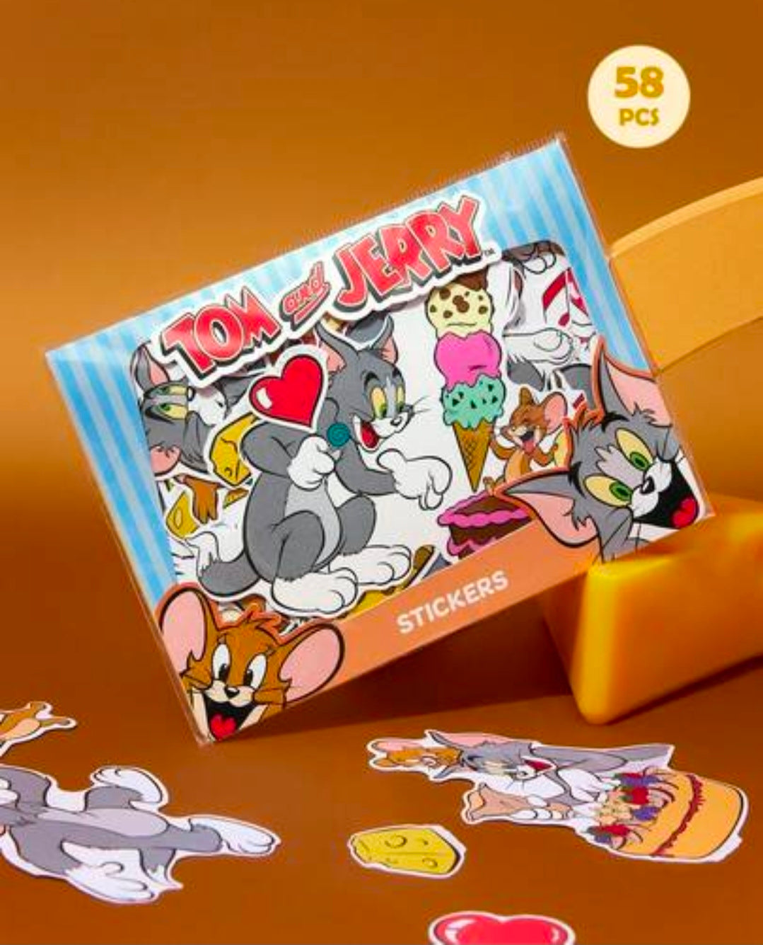 Tom & Jerry 58-piece vinyl decal sticker pack in a blue box with character artwork