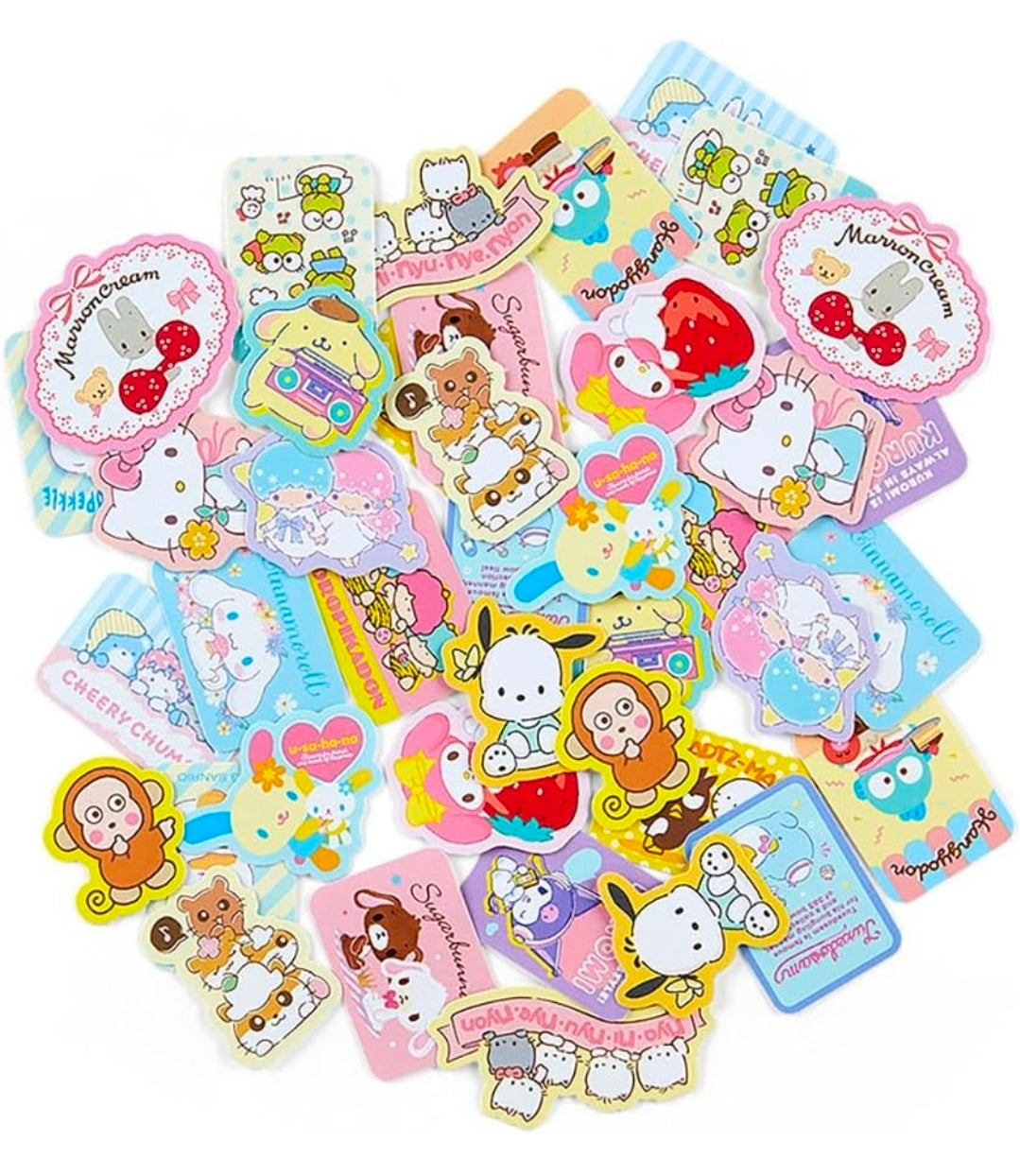 Assorted die-cut sticker flakes with colorful characters in mixed shapes