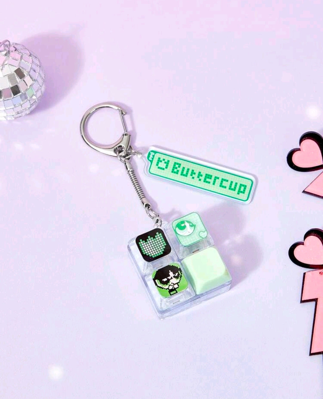 Acrylic fidget keychain with mint screen charms and clear block, green tag and keyring