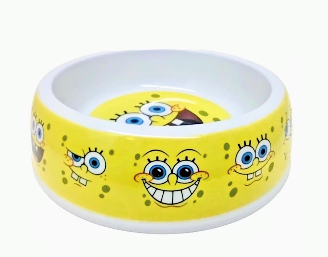 White pet bowl with yellow SpongeBob SquarePants character face pattern