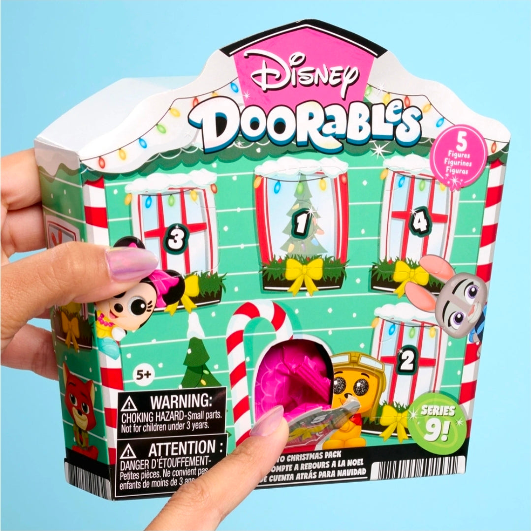 Disney Doorables countdown figures box, shown with 1–5 numbered surprises