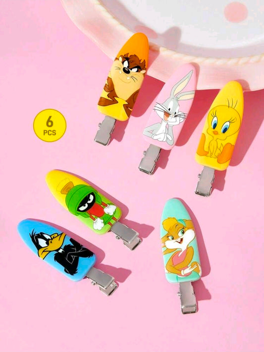 Set of 6 character hair clips with colorful faces and silver alligator clips (6 pcs)