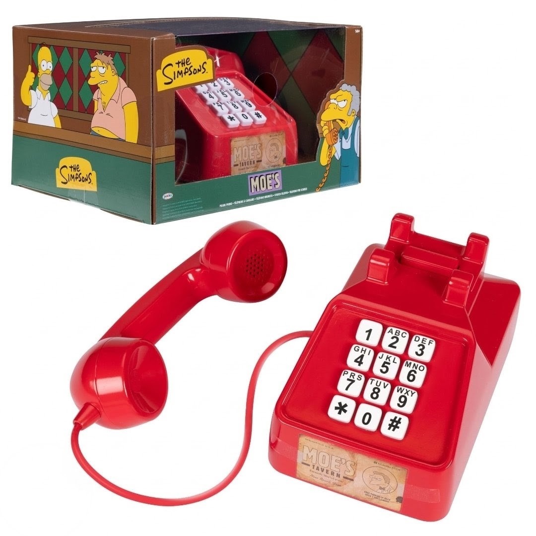 Red life-size prank phone set with handset, keypad, and coiled cord; Moe’s Tavern label