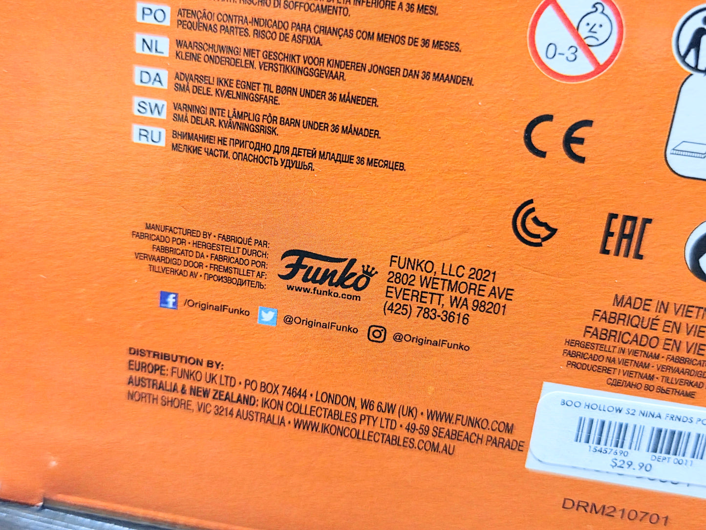 Funko Boo Hollow vinyl figure box back, orange panel with safety and CE icons