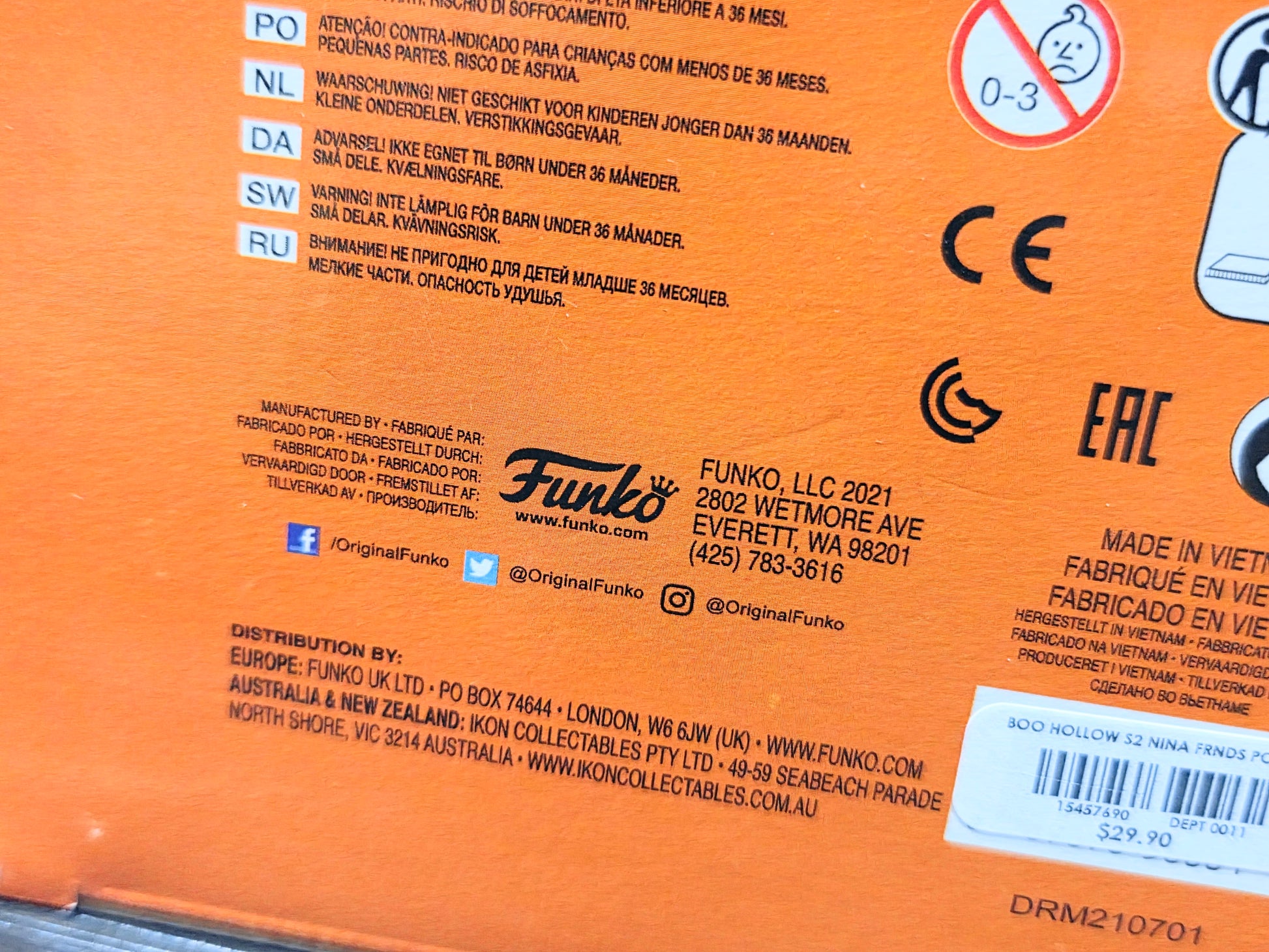 Funko Boo Hollow vinyl figure box back, orange panel with safety and CE icons