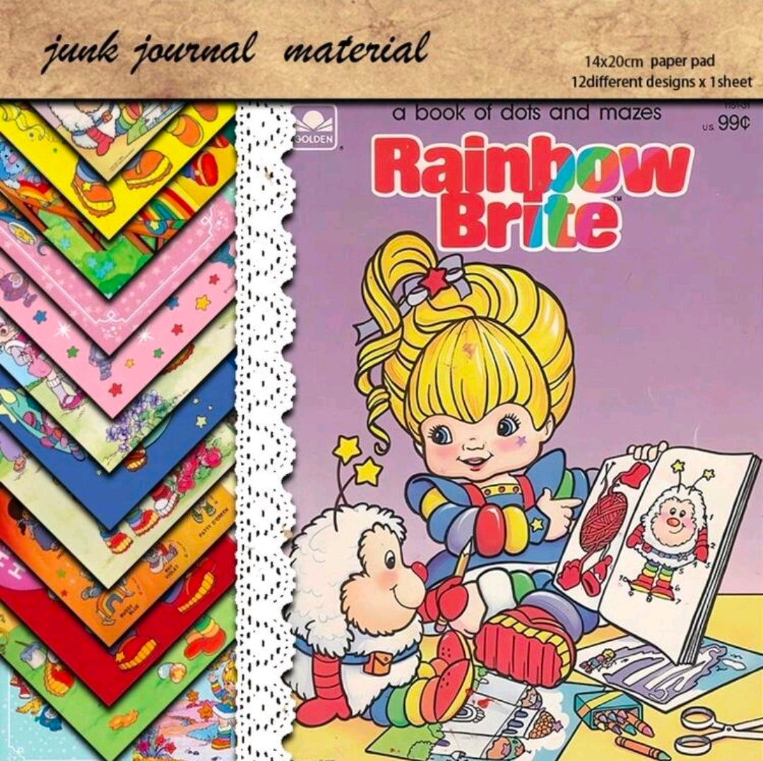Rainbow Brite junk journal paper set with stacked colorful sheets and cover image