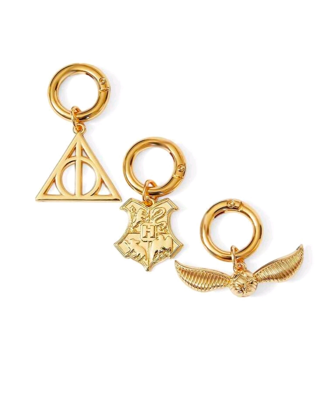 Harry Potter 3 Piece Gold Bag Charm Set Snitch Hogwarts Deathly