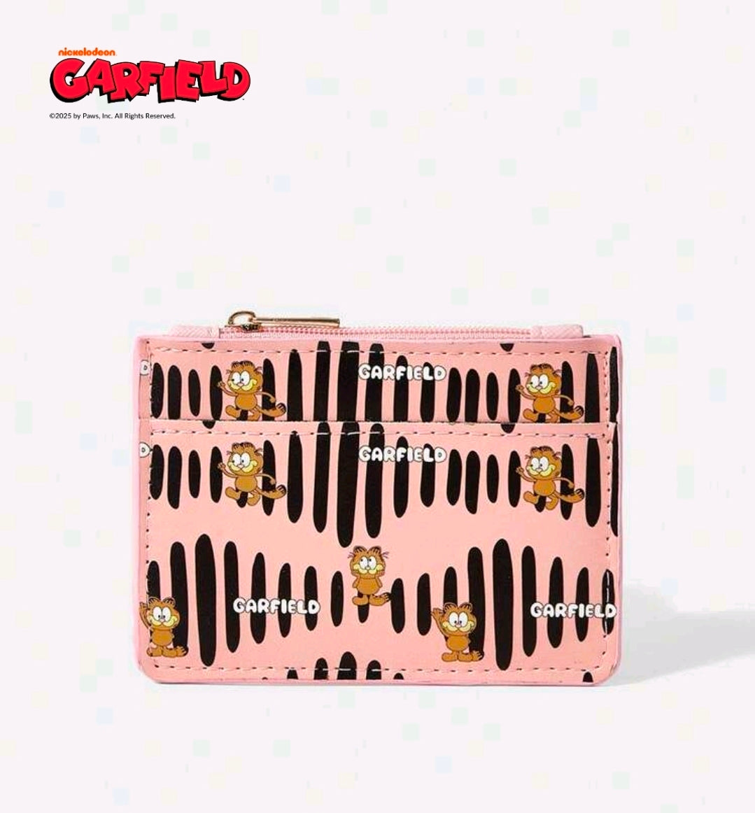 Pink rectangular Garfield coin purse wallet with black stripe print, gold zipper.